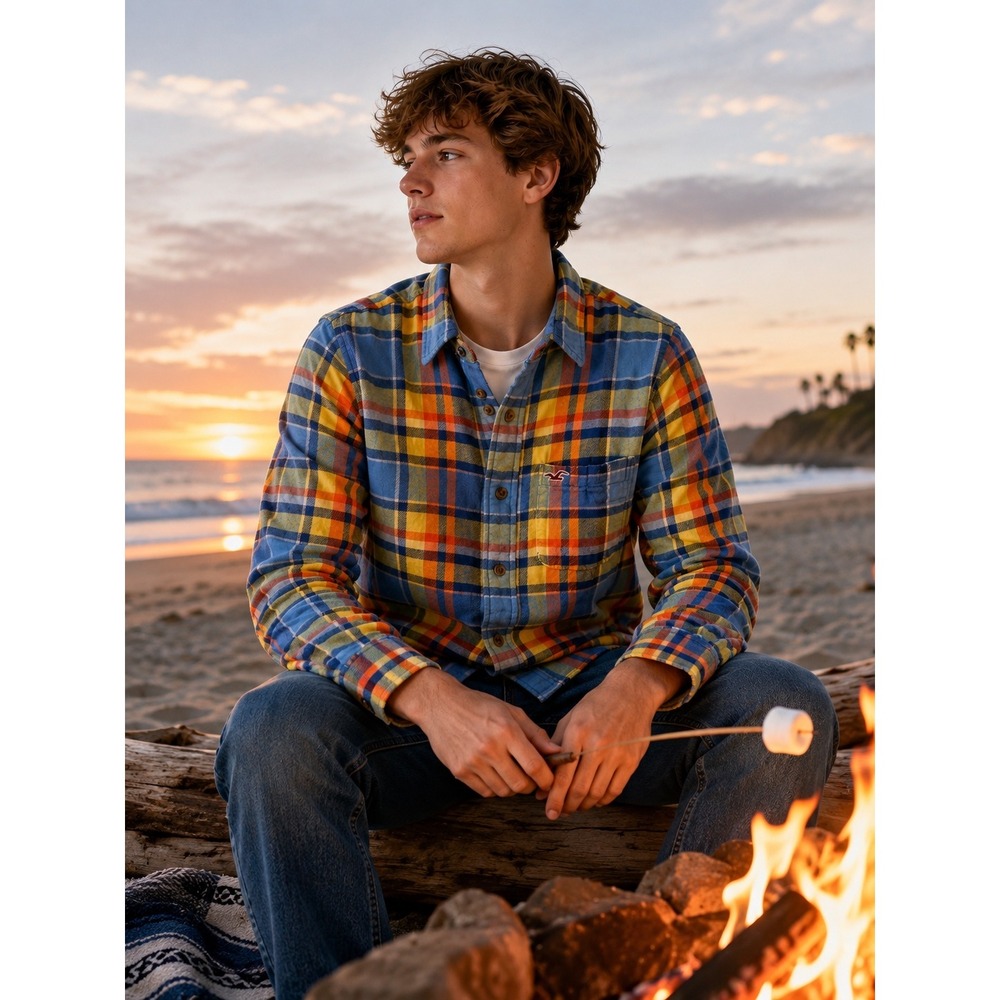 Hollister California Mens Medium Blue Orange Plaid Flannel Shirt 100% Cotton